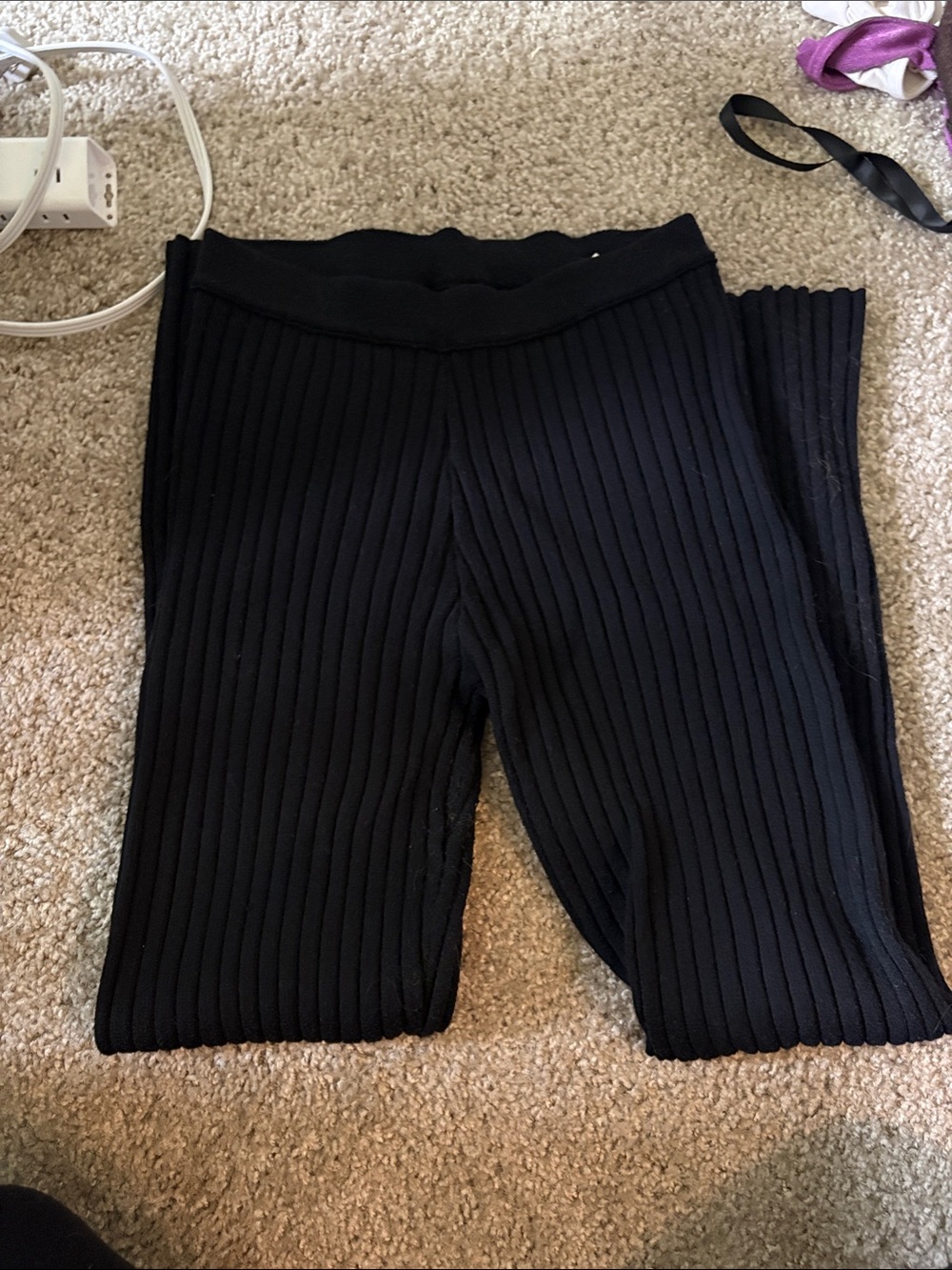 aerie Black Ribbed Knit Wide-Leg Pants